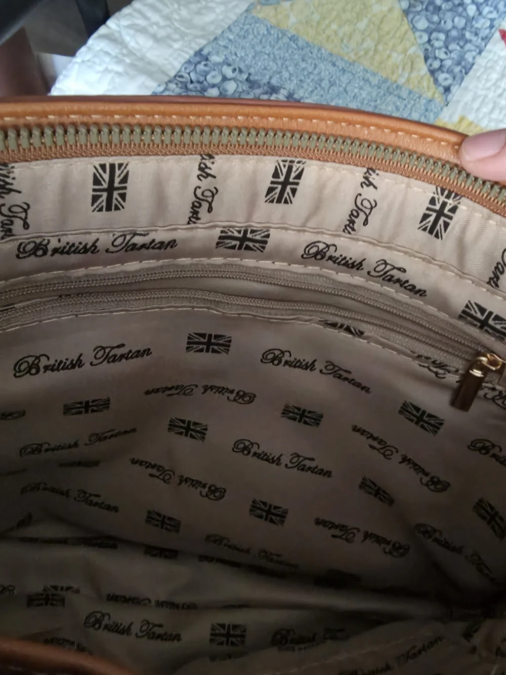 Beige Plaid Tote with Red Stripe and Brown Handles